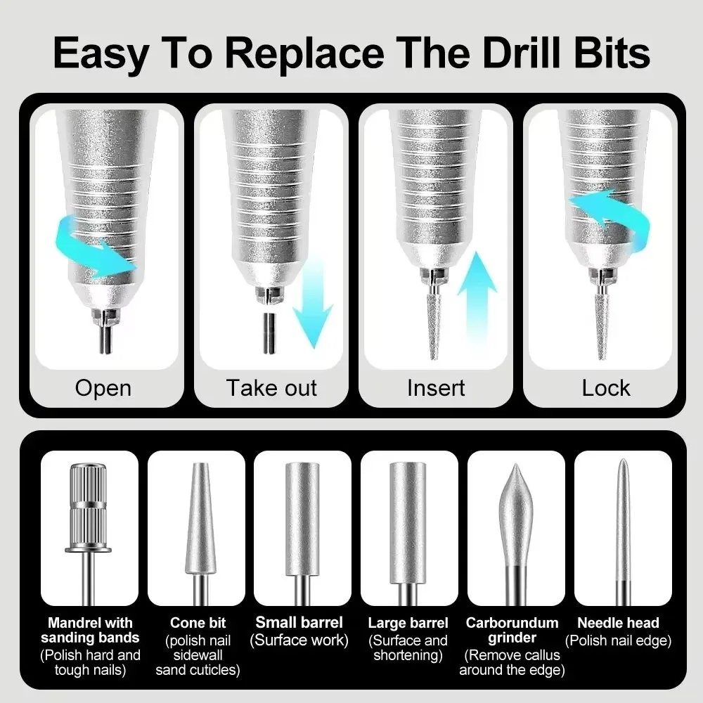 New 35000RPM Nail Drill Machine Rechargeable Manicure Low Noise Electric Nail Drills Professional Motor Polishe Sander for Nails