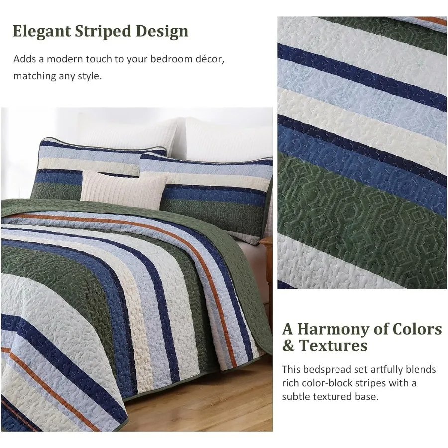 Boho Bedspread Queen Size Lightweight Soft Olive Green Blue Striped Bedding Set with 2 Pillow Shams 96x90 Ideal for Modern Livi