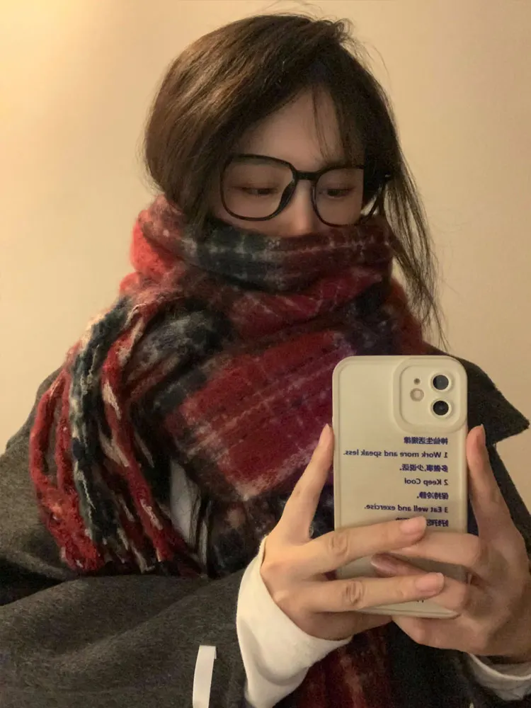 Sciarpa invernale rossa Thiened da donna coreana Sle Plaid Ne Warmer Sciarpa con punteruolo caldo per coppia per studenti e giovani