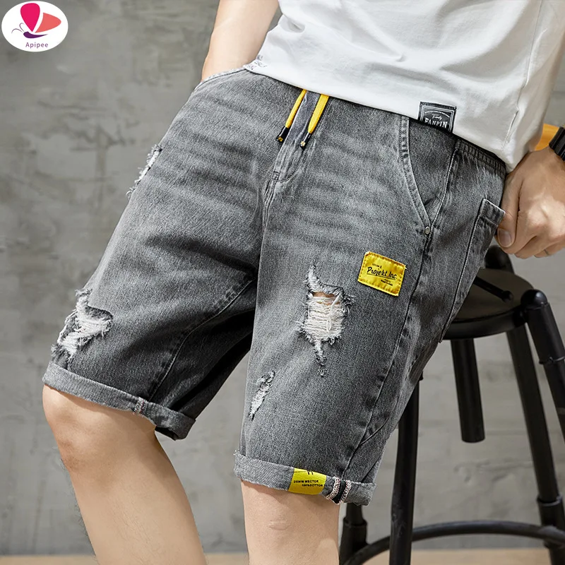 

Summer New Beach Casual Men Shorts Straight Ripped Knee Length Denim Shorts Drawstring Loose Hole Male Short Jeans