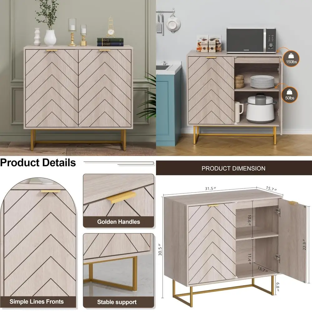 Natural Wood Sideboard Buffet Cabinet with Doors and Adjustable Shelf for Living Room and Kitchen, Rustic Style Storage Solution