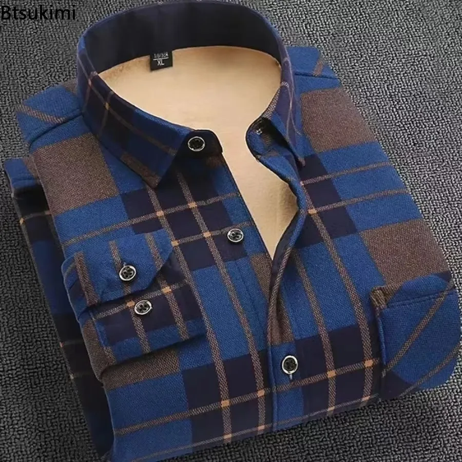 2024 Autumn Winter Flannel Men Shirt Long Sleeve Plaid Warm Shirt Thick Fleece Lined Soft Casual Flannel Warm Dress Shirt Male