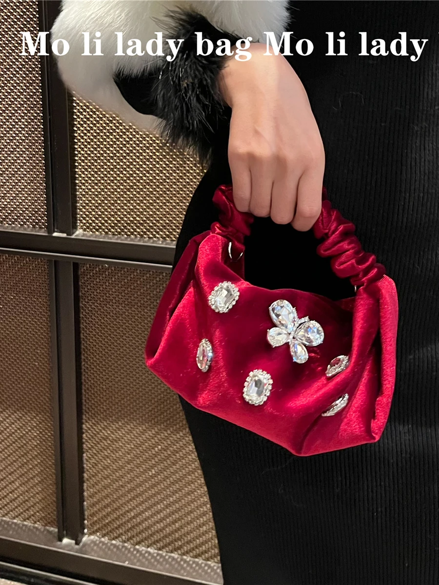 Velvet Diamond Embedded Lunch Box Bag Sweet Pleated Handbag Evening Bag Water Diamond High-End Sensation Crossbody Bag Women