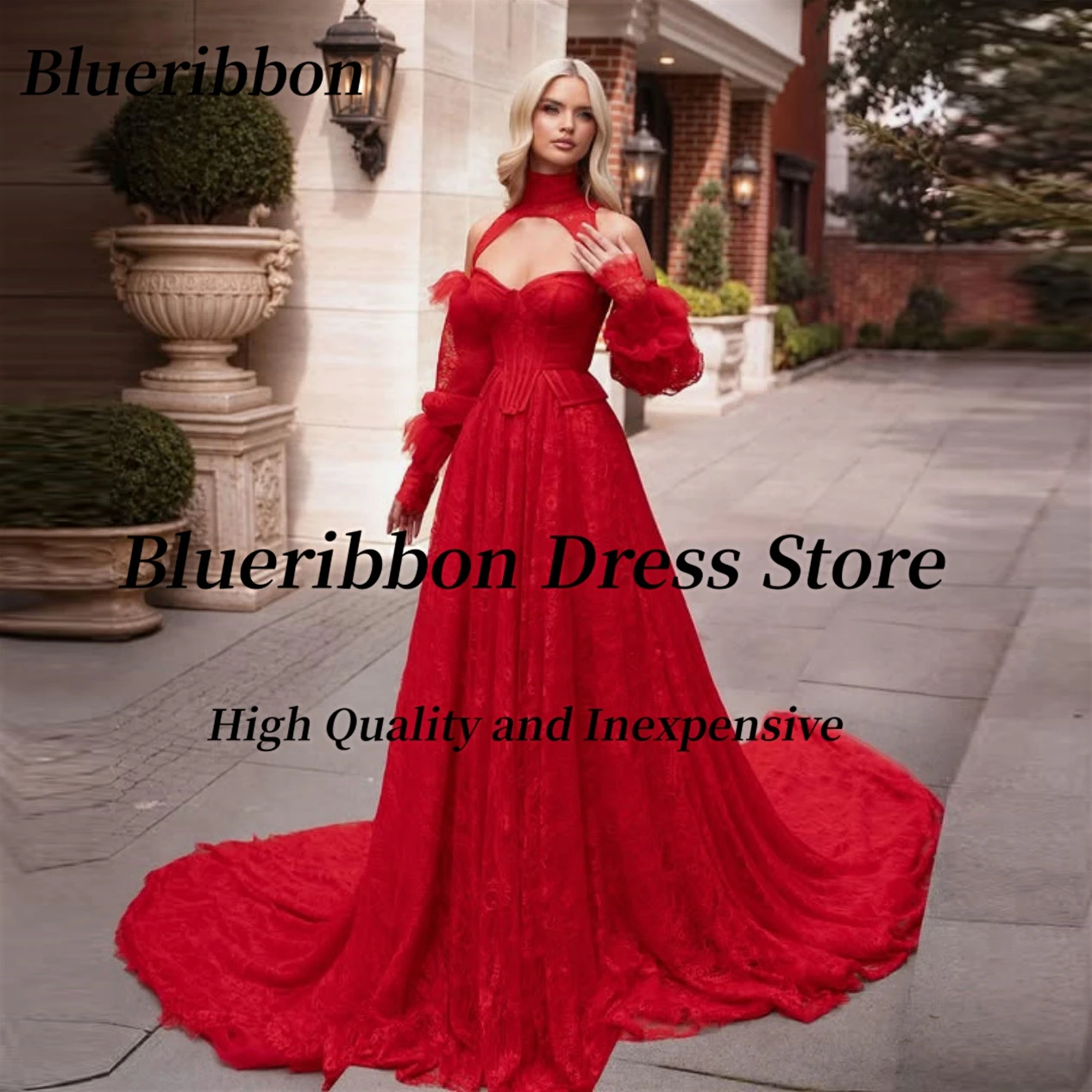 Blueribbon Festival Red Prom Dresses 2026 High Collar Long Sleeves Evening Gowns Sweep Train Lace Wedding Party Dress Customized