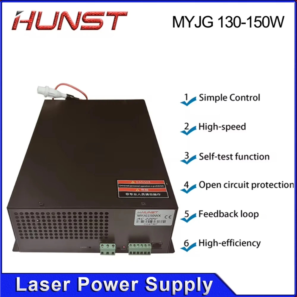 Zasilacz laserowy CO2 Hunst 130W MYJG-150W, odpowiedni do maszyn grawerujących i tnących CO2 o mocy 130~150W, do tub szklanych.