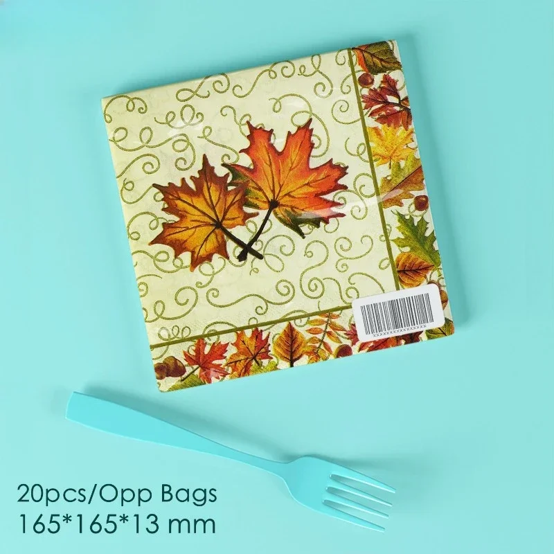 20pcs/Pac 33*33cm Maple Nut Border Thanksgiving Party Printed Napkins on Yellow Background DIY Butterfly Bone Bartlet Paper