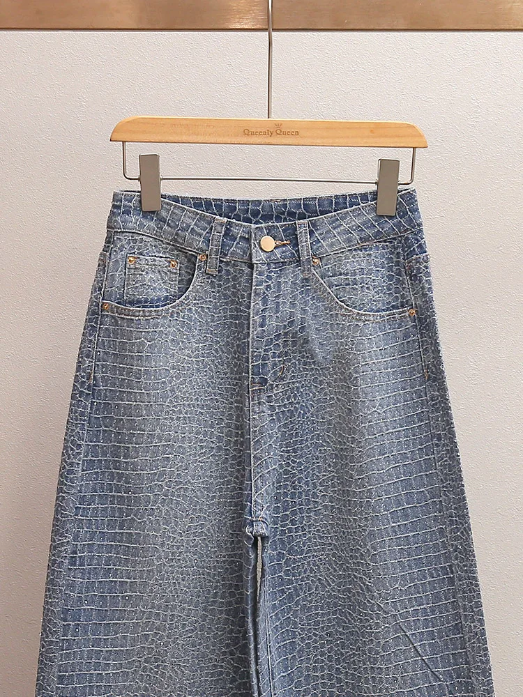 

Spring/Summer Women Denim Hign Waist Crocodile Embossed Texture Rhinestone Loose Jeans Pocket Fashion Wide Leg Pants