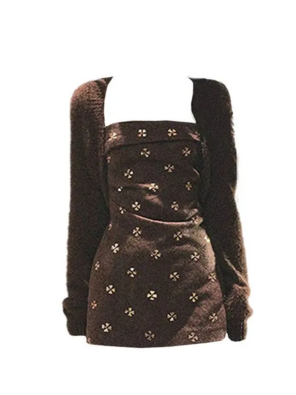 Conjunto de Falda Corta Adelgazante de Invierno para Mujer, con Patrón de Rosas de Té, Cárdigan sin Tirantes y Envoltura de Hombros en Color Mearcus