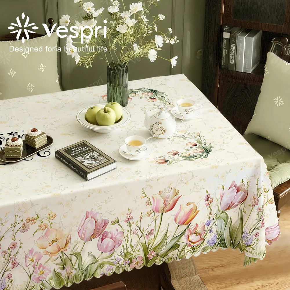 Vespri wood grain, spring tablecloth, white and beige decorations, flowers and green leaveszyc