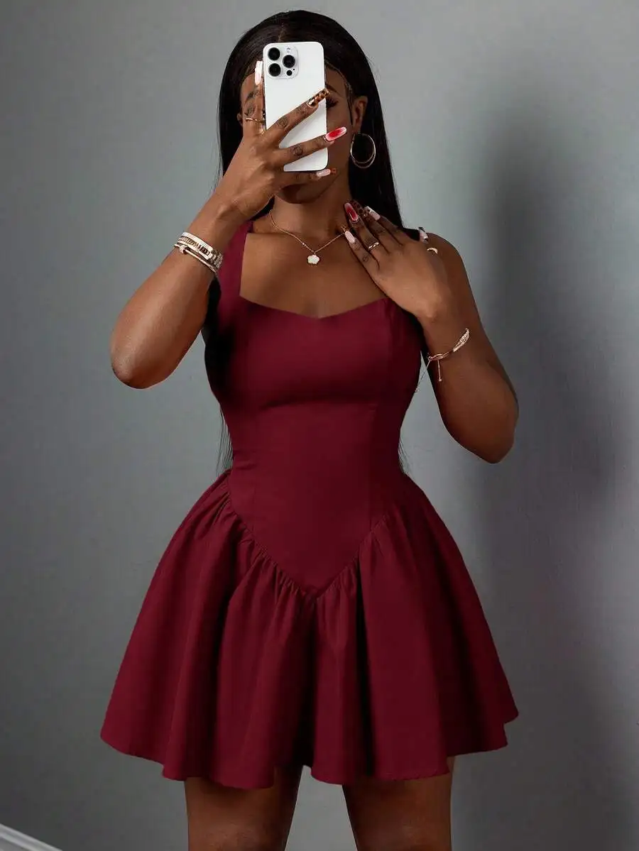 

Burgundy Vintage Western Festival Dress With Shirring Ruffle Hem A-Line Mini