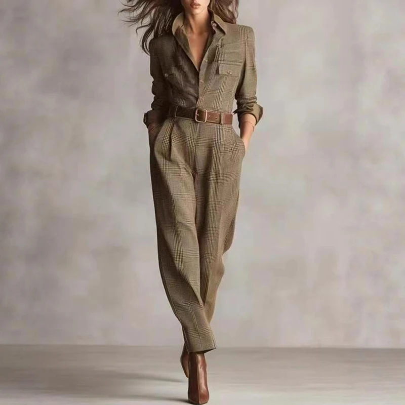 أنيقة زر التلبيب قميص حللا امرأة خمر منقوشة طباعة جيب ضئيلة وزرة الخريف طويلة الأكمام الملابس النسائية داخلية