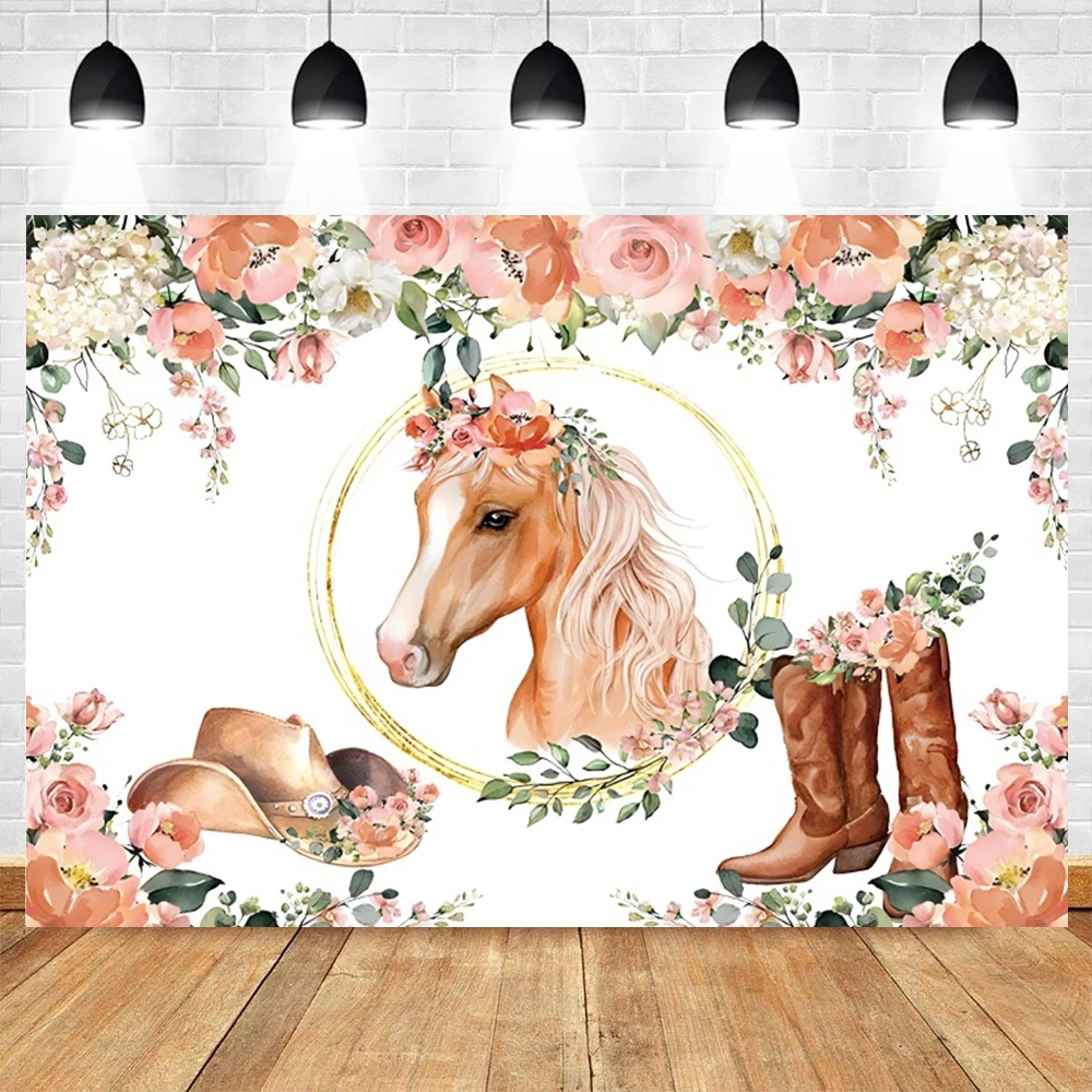 Cowboy Horse Theme Backdrop for Boys Western Cowgirl Birthday Party Flower Saddle Kids Portrait Photography Background Props