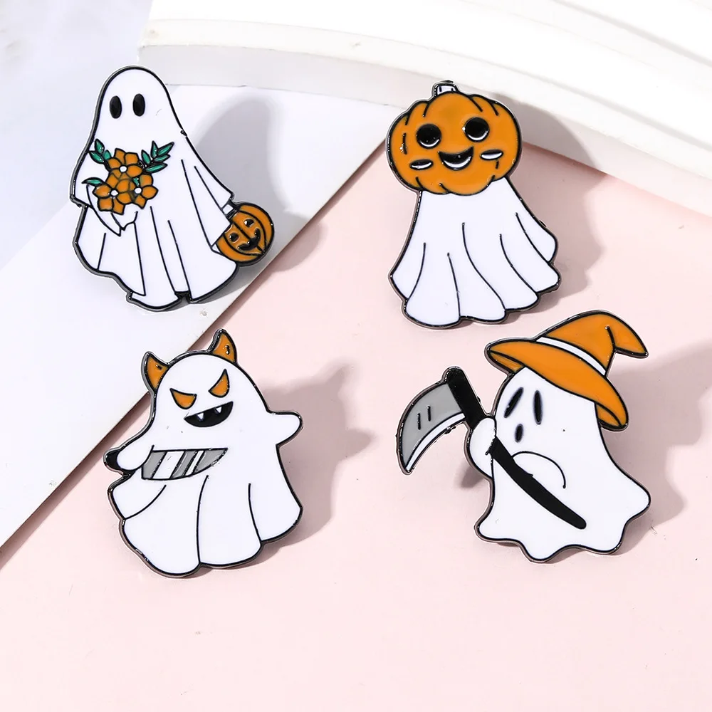 4pcs Cute Cartoon Halloween Enamel Brooch Creative Pumpkin Skull Ghost Lapel Pin Badge Backpack Clothing Hat Accessories