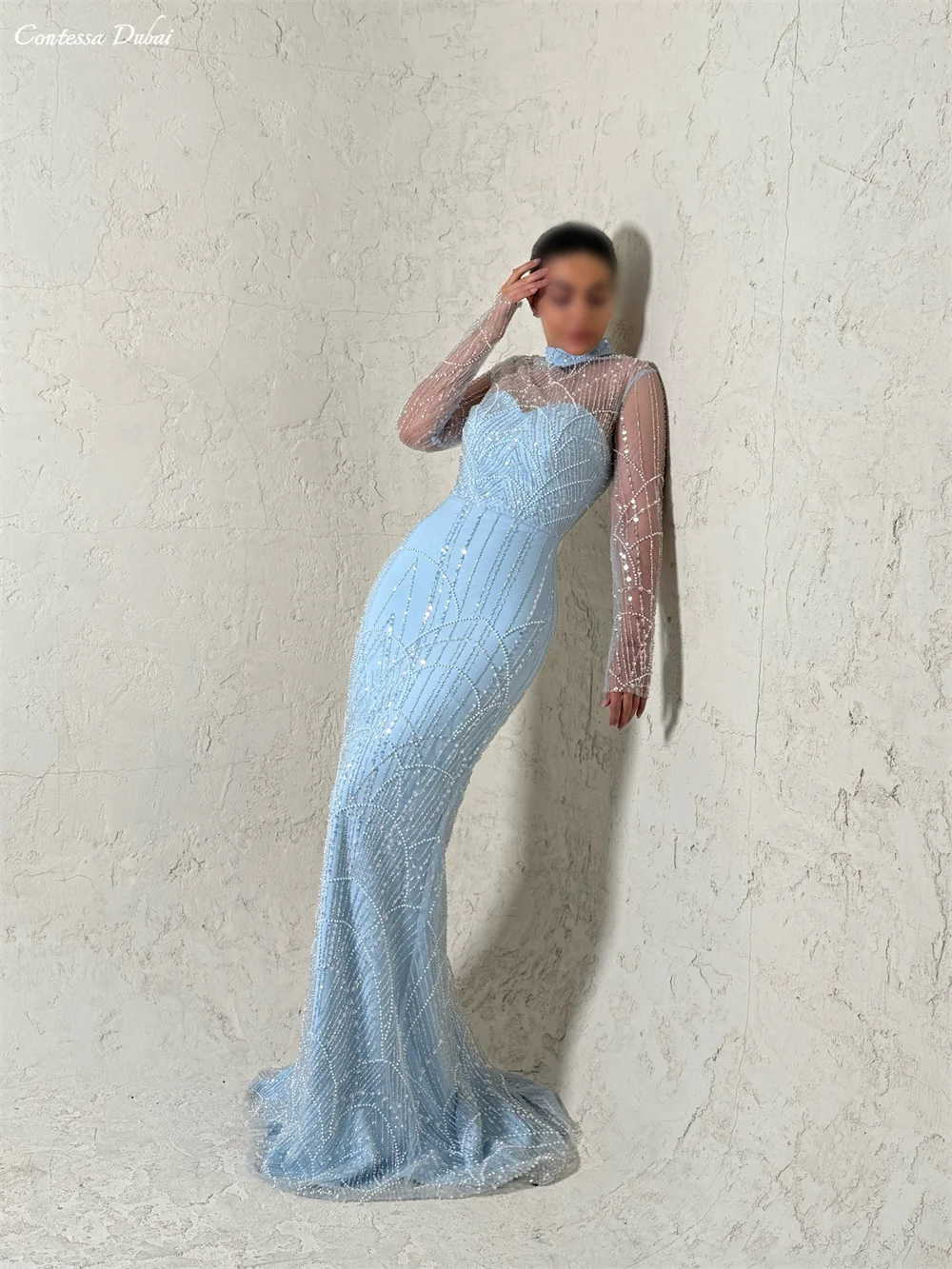 

Contessa Custom High Neck Sequin Mermaid Evening Dress with Sheer Long Sleeves Illusion Beaded Gown Formal Party Wear