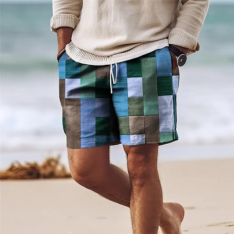 Short de plage hawaïen imprimé 3D à carreaux colorés pour hommes, short de planche de surf, maillots de bain respirants, vêtements pour enfants, mode, été