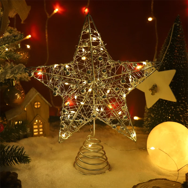 Weihnachtsbaum-Sternaufsatz mit Perle, Gold, Eisen, Weihnachtsbaumschmuck, 2025, Neujahr, Zuhause, Stern-Dekoration, LED-Leuchten für Tisch