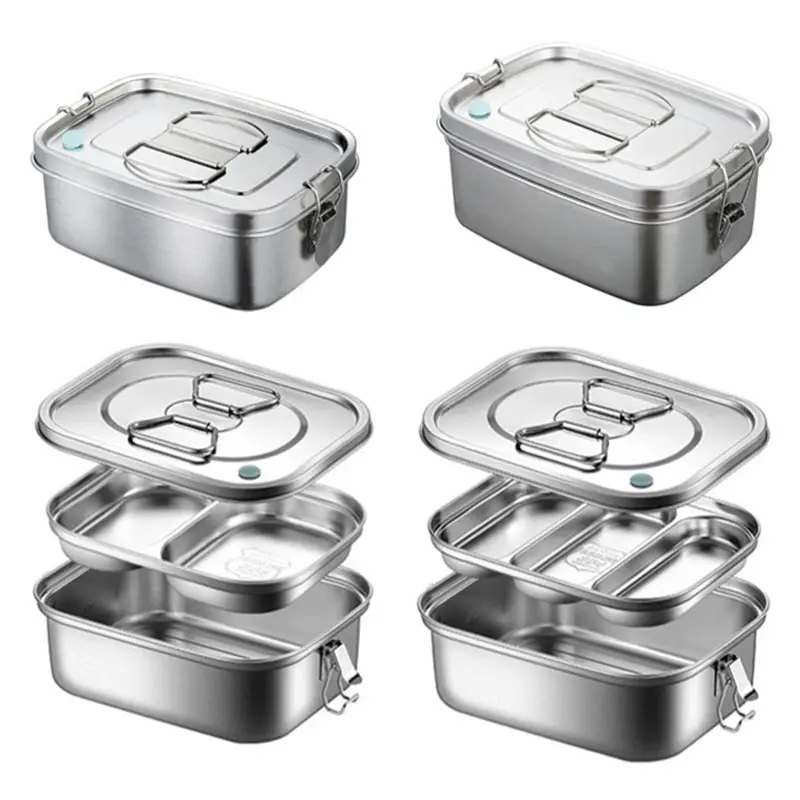 304 Stainless Steel Lunch Bento Box Double-layer Anti Overflow Dinner Box Square Divided Lunch Box Student Worker Bento Box