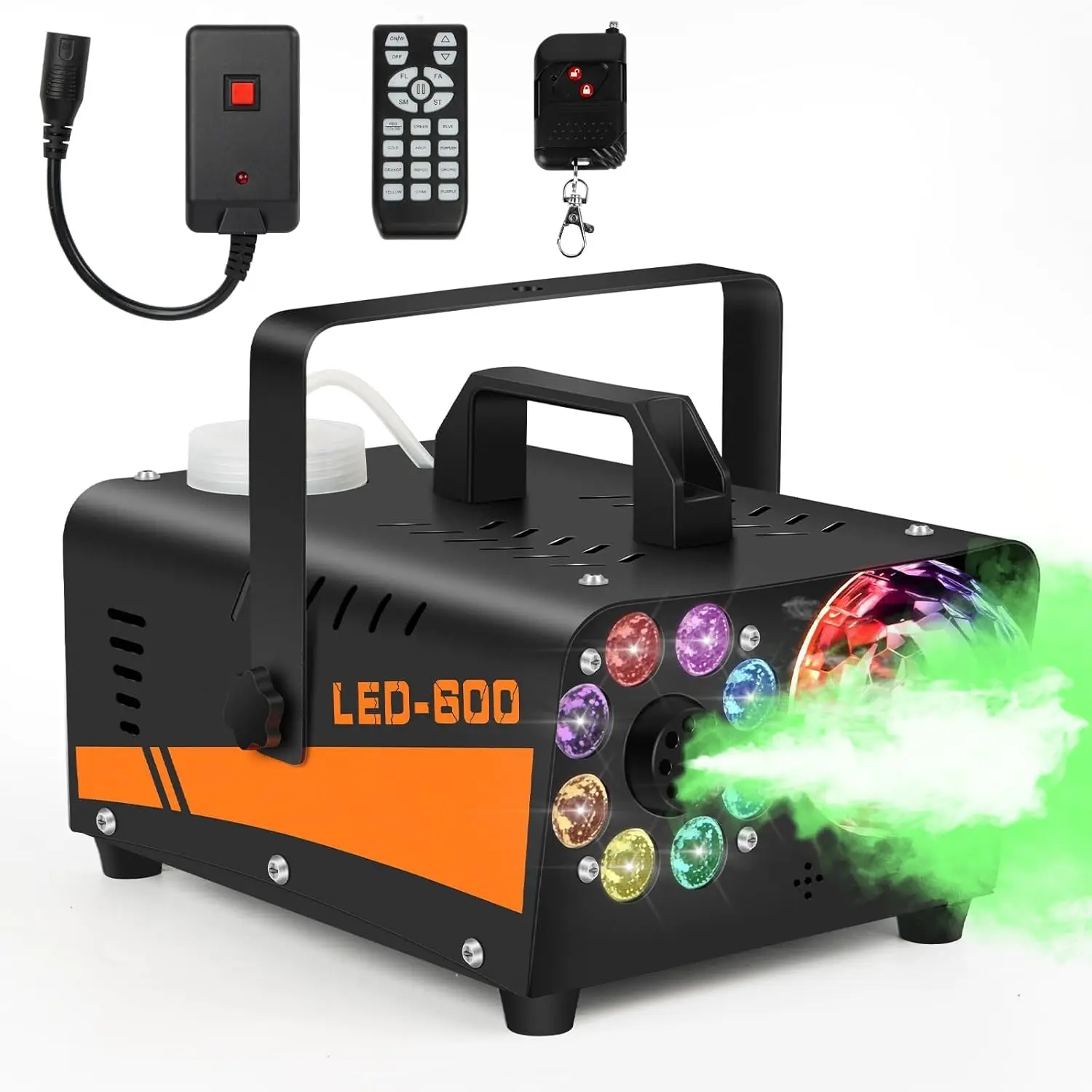 

Fog Machine 18 LED Lights 500W 13 Colours, Smoke Machine with Disco Ball Lights, Wireless Remote Control, Perfect for Parties