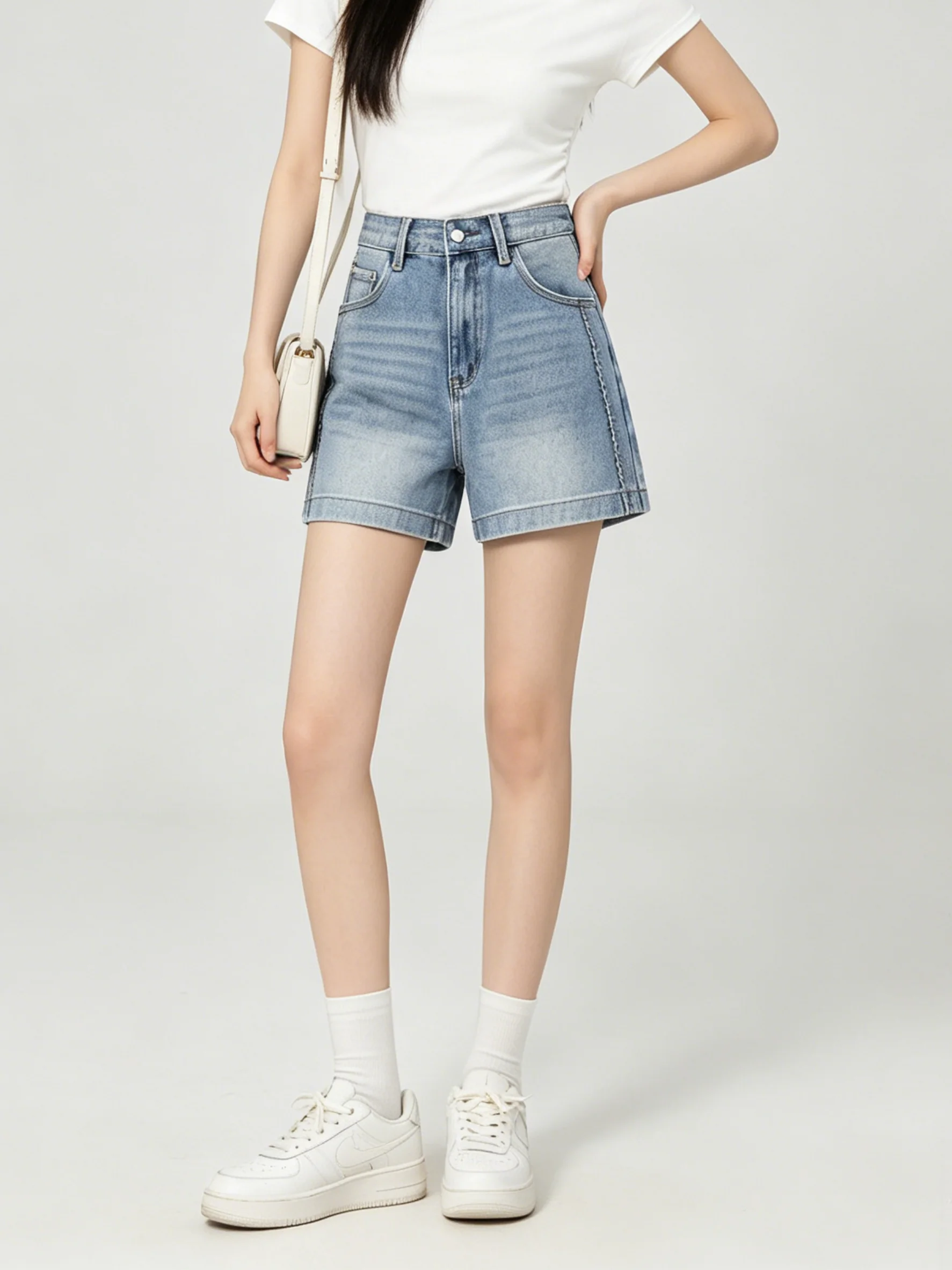 Light Wash Retro Distressed High Waist Wide Leg Jeans Commute Style Casual Shorts Korean Version Simple Pure Color Zipper
