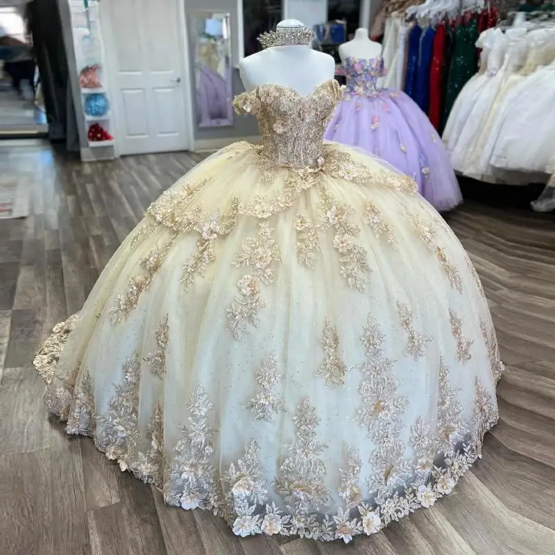 Gaun Quinceanera Warna Sampanye Kustom Gaun Tulle Manik-manik Appliuqes Bahu Terbuka Vestidos De 15 Anos De Dos Piezas