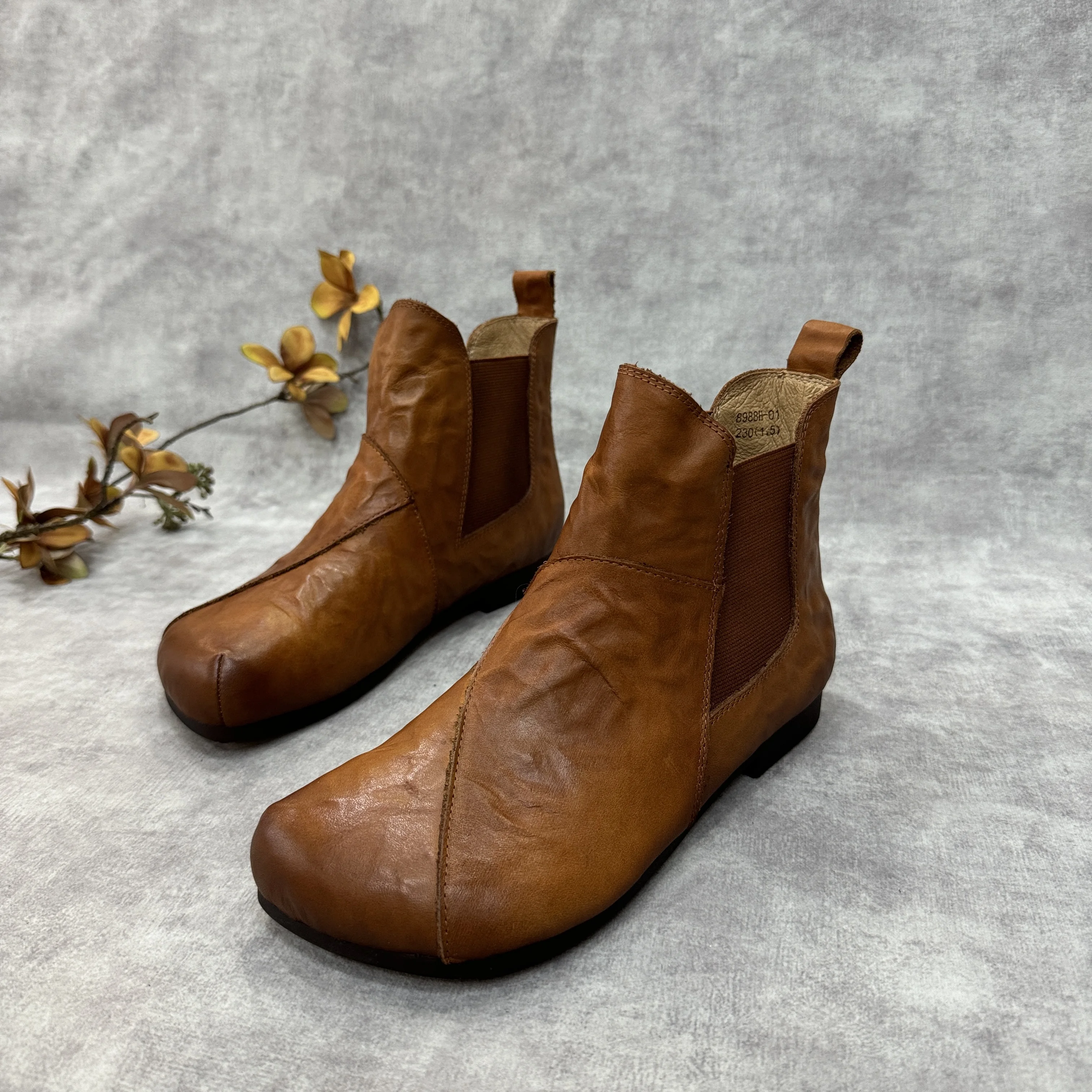 

Birkuir Retro Slip On Ankle Boots Women Sewn Short Boots Flat Heel Shoes Round Toe Genuine Leather Handmade Casual Shoes