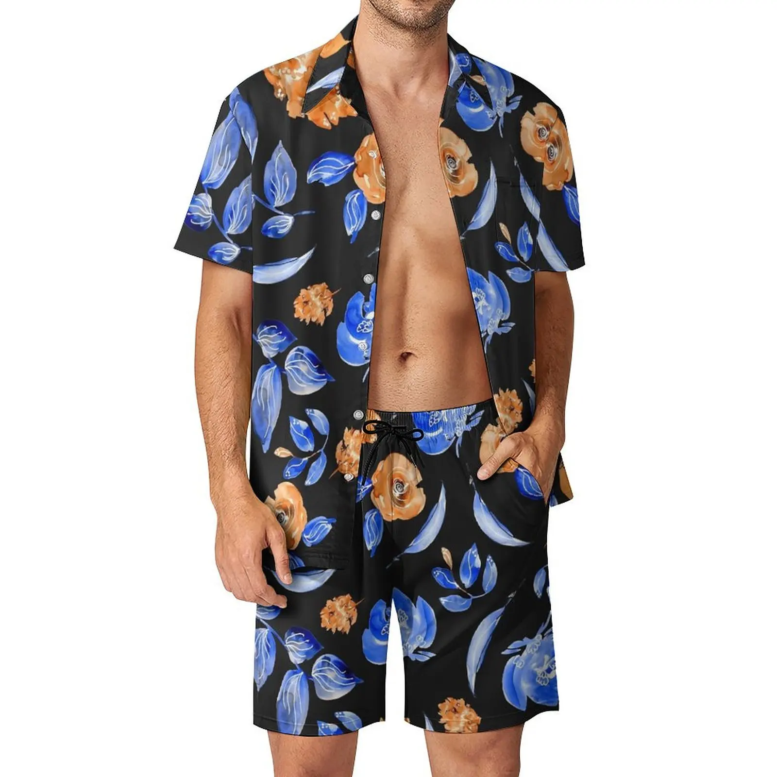 Vintage Blue Flower 3D Print Men Shirt Sets Fashion Short Sleeve Shirt Oversized Beach Shorts Streetwear Hawaiian Suits Clothes