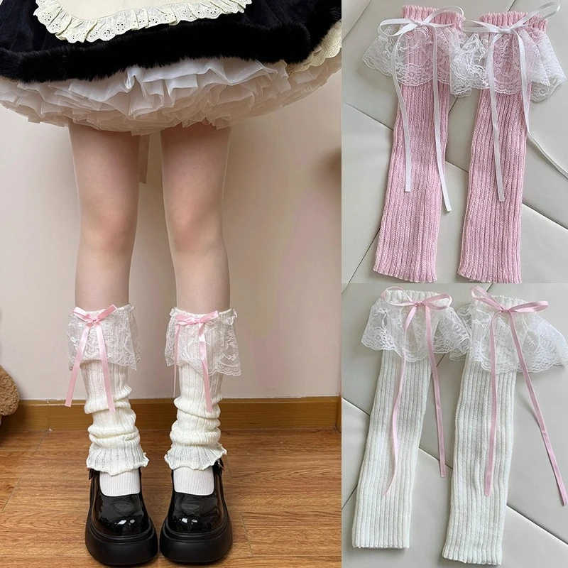 

Милые гетры с кружевной лентой и бантом для женщин и девочек Y2K Вязаные гетры-стримеры JK Лолита Стиль Розовый бант Длинные носки Чехол для ног
