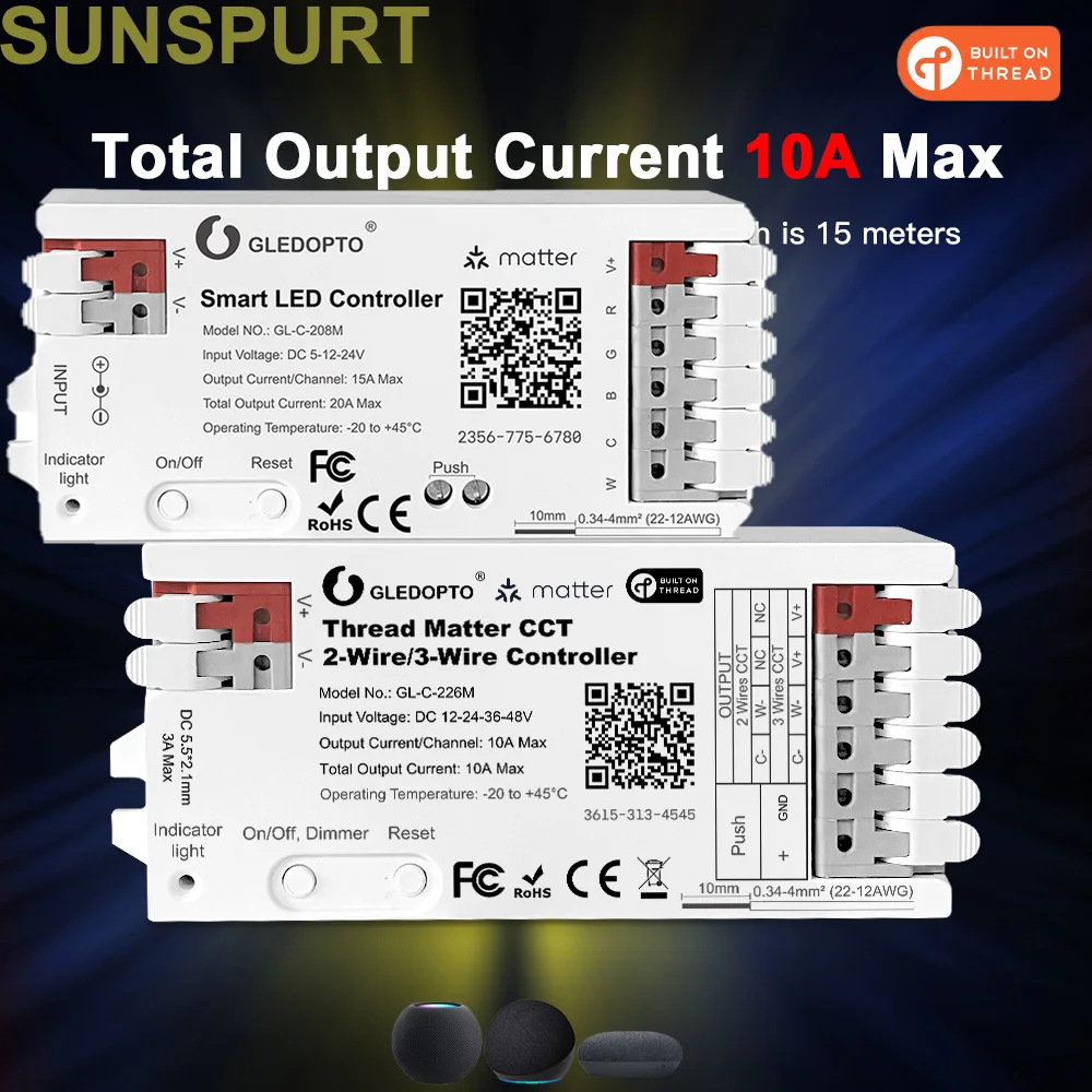 10GLEDOPTO Thread Matter CCT PWM Dimmer 10A 750Hz Flicker-Free for 226M 2/3-Wire LED Strips with Alexa Google HomeKit DC 12-48V