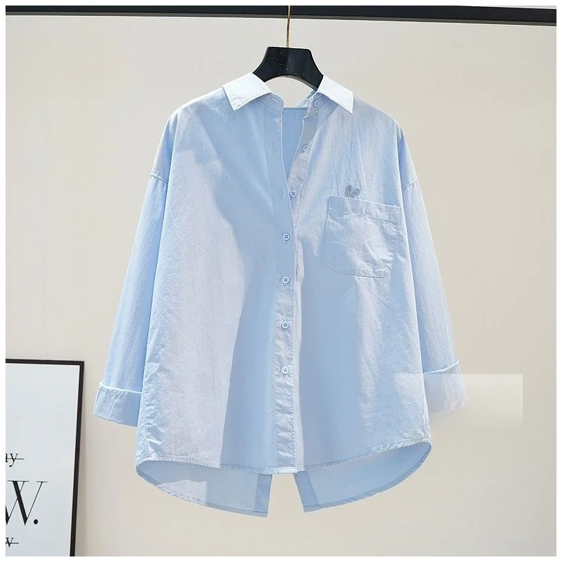 

Loose Long Sleeve Cotton Shirt Women's Design Back Slit Fashionable Versatile New Arrival Light Blue Business Casual Top