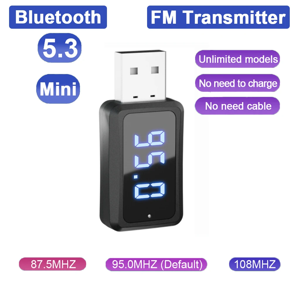 

Мини-USB FM-передатчик приемник Bluetooth 5,3 беспроводной автомобильный Аудио гарнитура для звонков автомобильный комплект ЖК цифровой аудио для Fm-радио