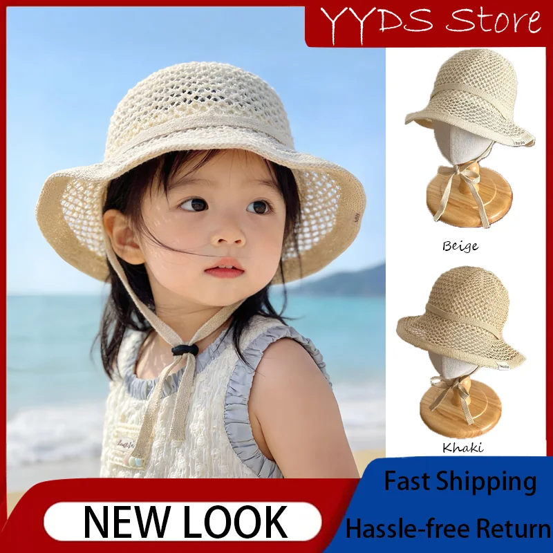 

Summer Thin Hollow Woven Straw Bucket Hat UV Protection Sun Cap for Baby Girls Kids Outdoor Travel Daily Wear