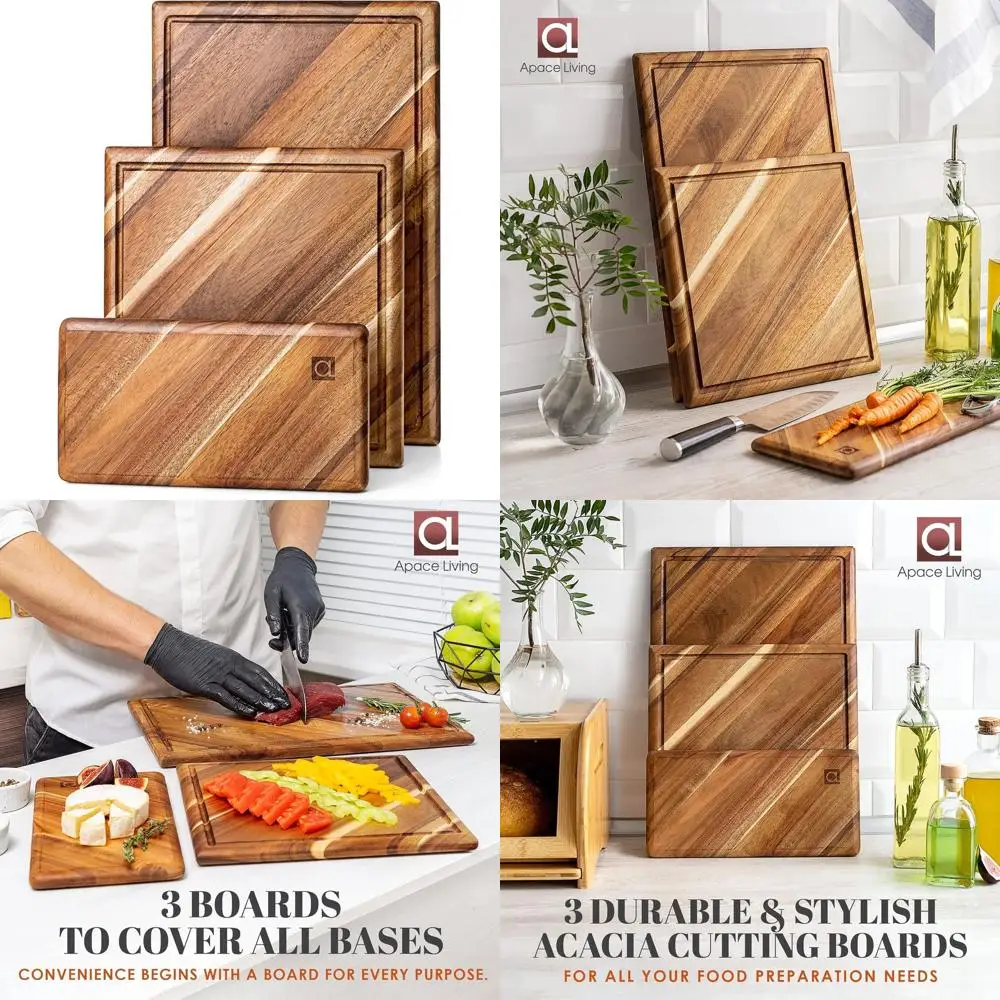 

Acacia Wood 3-Piece Cutting Board Set with Juice Groove for Meat, Vegetables, and Cheese