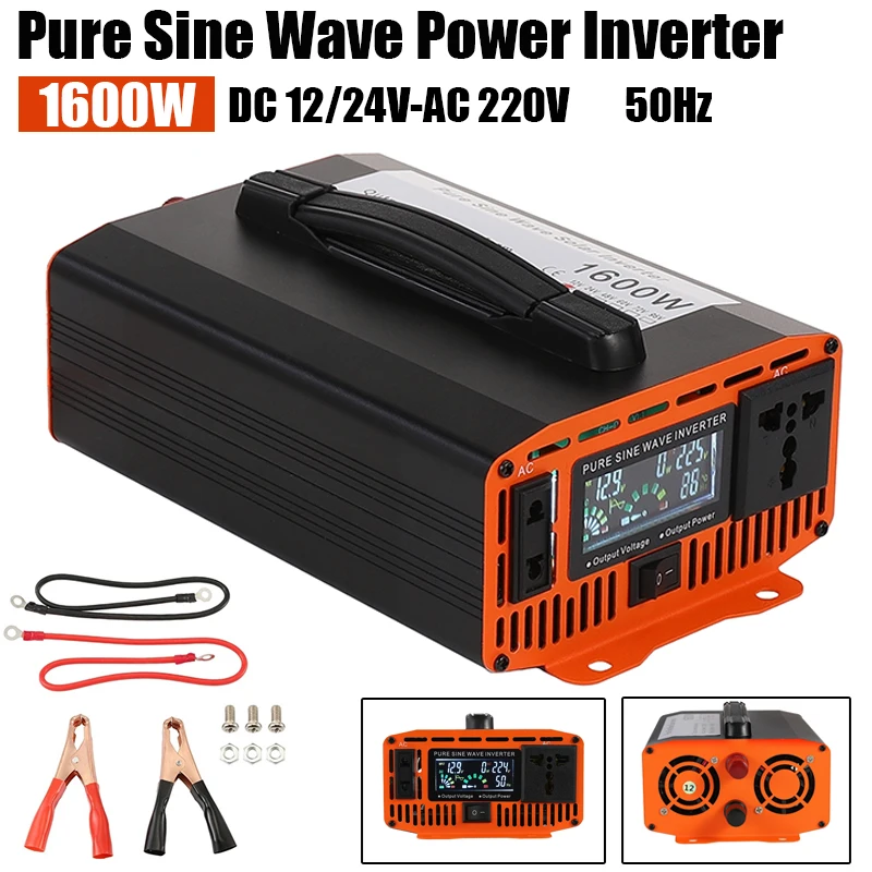 

1600W Pure Sine Wave Power Inverter DC 12V/24V To AC 220V Car Home Outdoor Solar Inverter For Charging TVs High-Power Appliances