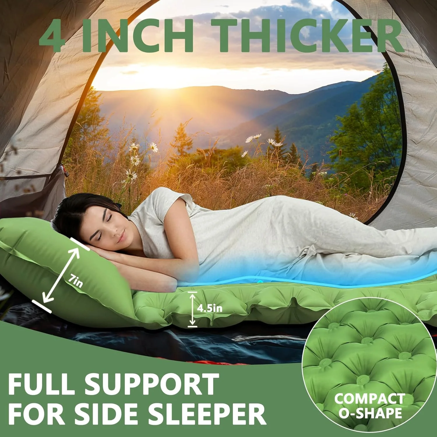 Camp Pillow Compressible - 2人用インフレータブルスリーピングパッド、内蔵枕付き、ポータブル防水折りたたみ式キャンプ用エアマットレス（テント、旅行、ビーチ用）