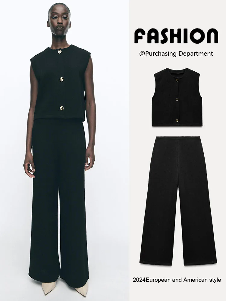 

New Summer Women's Vest Sle Top Casual Long Pants Faion Set round Ne Buttoning Long Pants Two-Piece Set Casual Wear