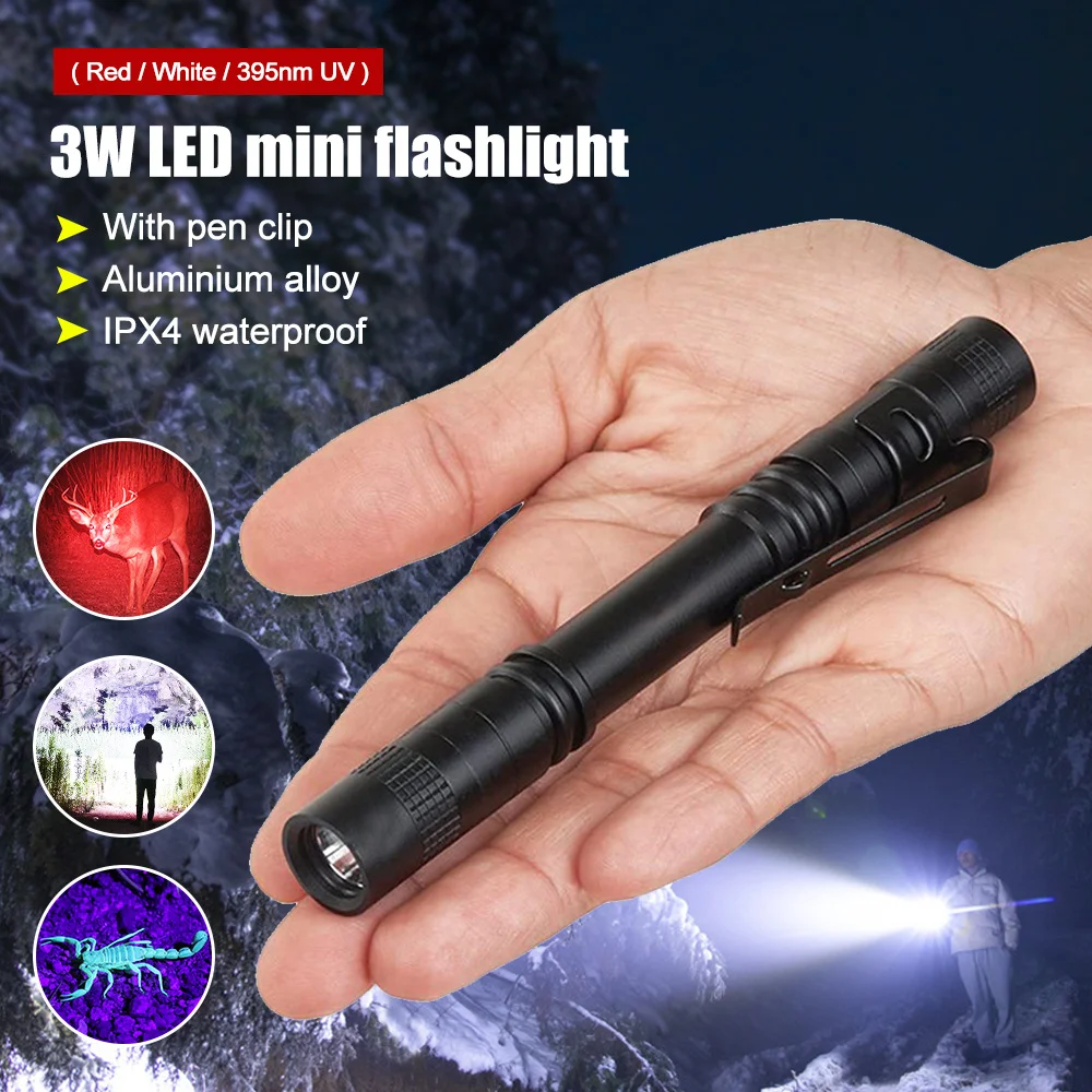 Portable Mini Red LED Flashlight Aluminum Alloy Pen Shaped Household Flashlight AAA Outdoor Strong Light Flashlight