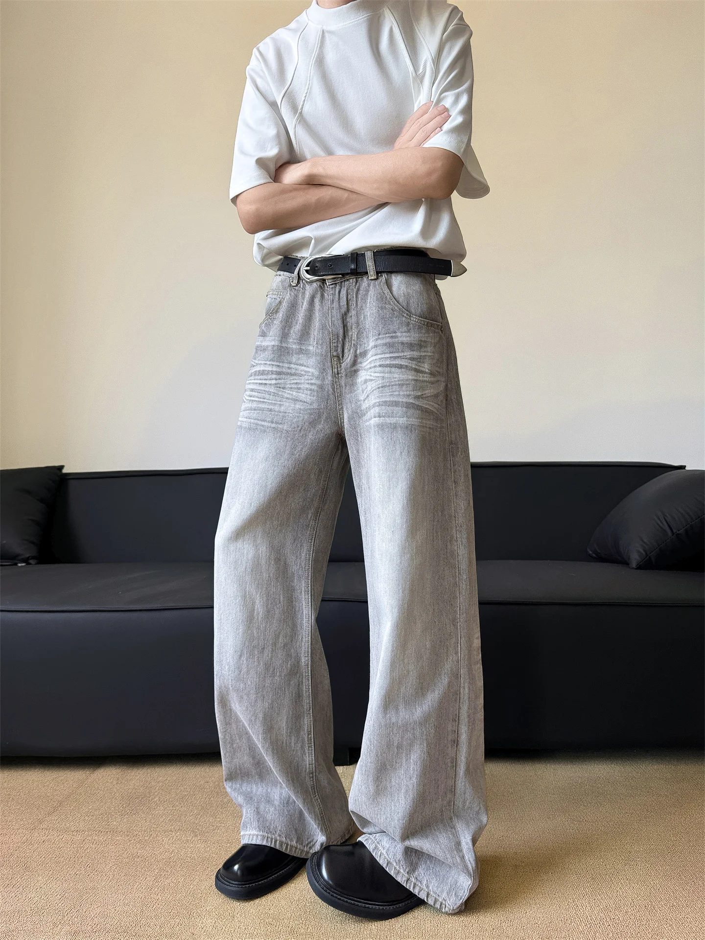 

Gray Washed Wide Leg Men's Jeans Casual Loose Straight Loose Fit American Style Retro CleanFit Summer Jeans for Teens