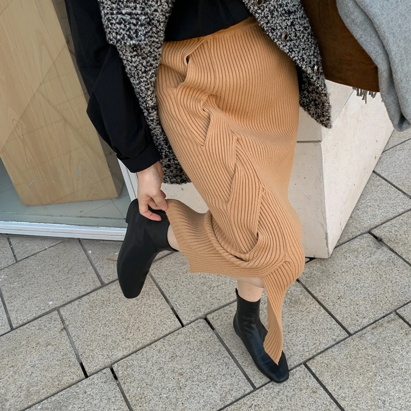 

beige vintage knitted skirts women cross criss high waisted skirts female korean fashion streetwear knit bottoms ladies