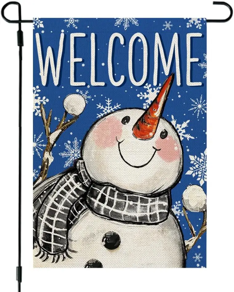 CROWNED BEAUTY Winter Snowman Garden Flag 12x18 Inch Double Sided for Outside Small Welcome Burlap Blue Holiday Yard Decoration