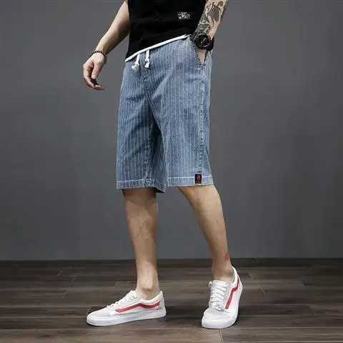 Summer Short Pants Men Casual Knee Length Denim Shorts Slim Fit Stretch Jeans Striped Designer Cowboy Streetwear Boyfriend Jeans