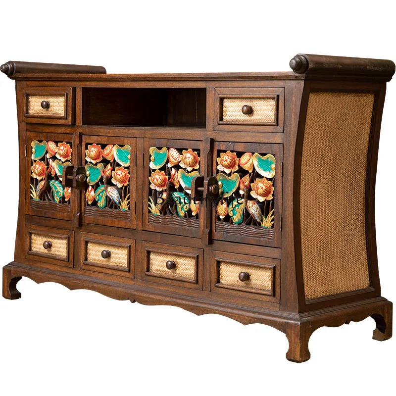 Living room retro solid wood carving flower TV cabinet balcony entrance cabinet