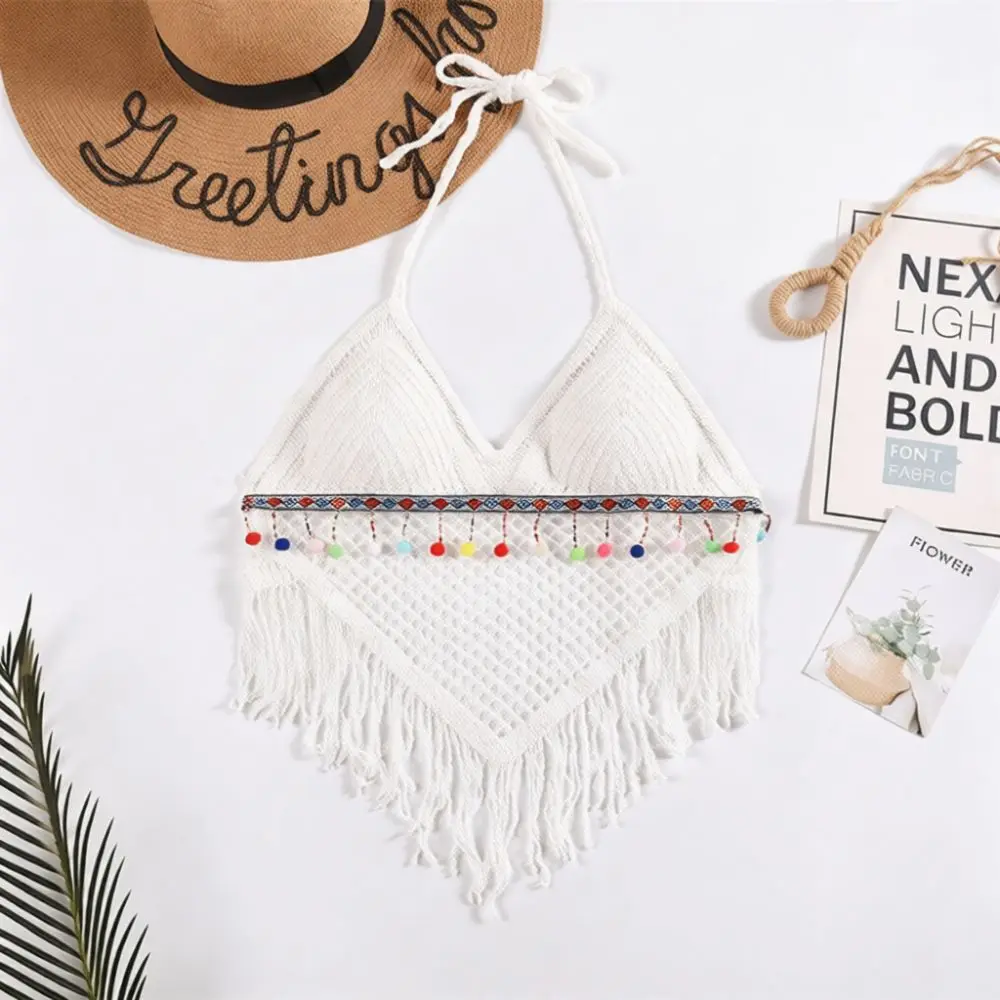 Summer Women Halter Crop Top Backless Hollow Out Embroidered Vest With Built In Padding Slim Fit Sexy Beach Vacation Shirt Top