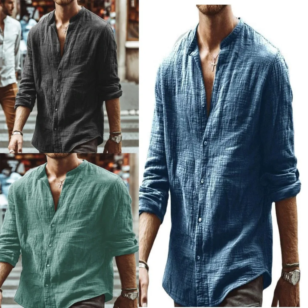 

Mens Casual Cotton Linen Shirts Solid Color Long Sleeves Shirt Button Standing Collar Cardigan Beach Shirt Male Autumn Tops