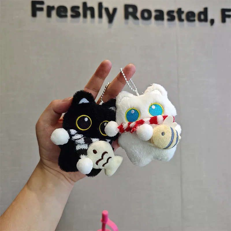 

Keychain Squeaky Cute Black White Cat Plush Doll Small Pendant Cartoon Toy Keyring Bag Ornament Children's Gift