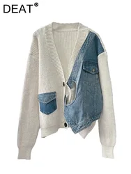 DEAT Women's Cardigan Knitted Patchwork Denim Irregular Design Single Breasted V-neck Loose Sweater 2024 Autumn New Fashion