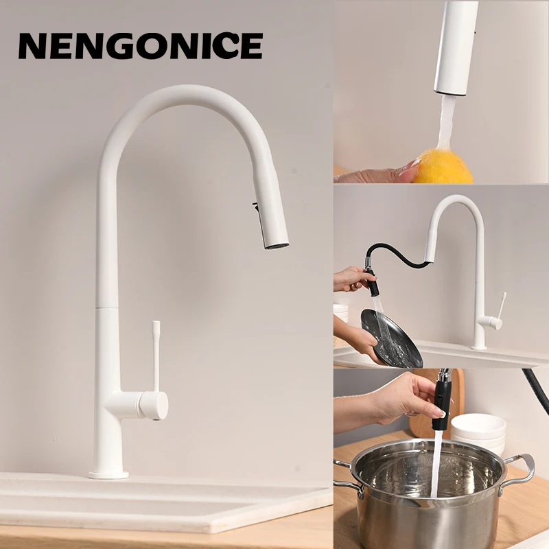 nengonice Kitchen faucet Pull Out Cold and Hot mixer tap Black White water Single Holder faucet kitchen sink faucet