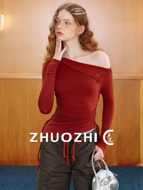 

ZhuoZhi Spring New Red Asymmetrical Long Sve T-irt Women's Dstring Waist Slant oulder Casual Top French Sle