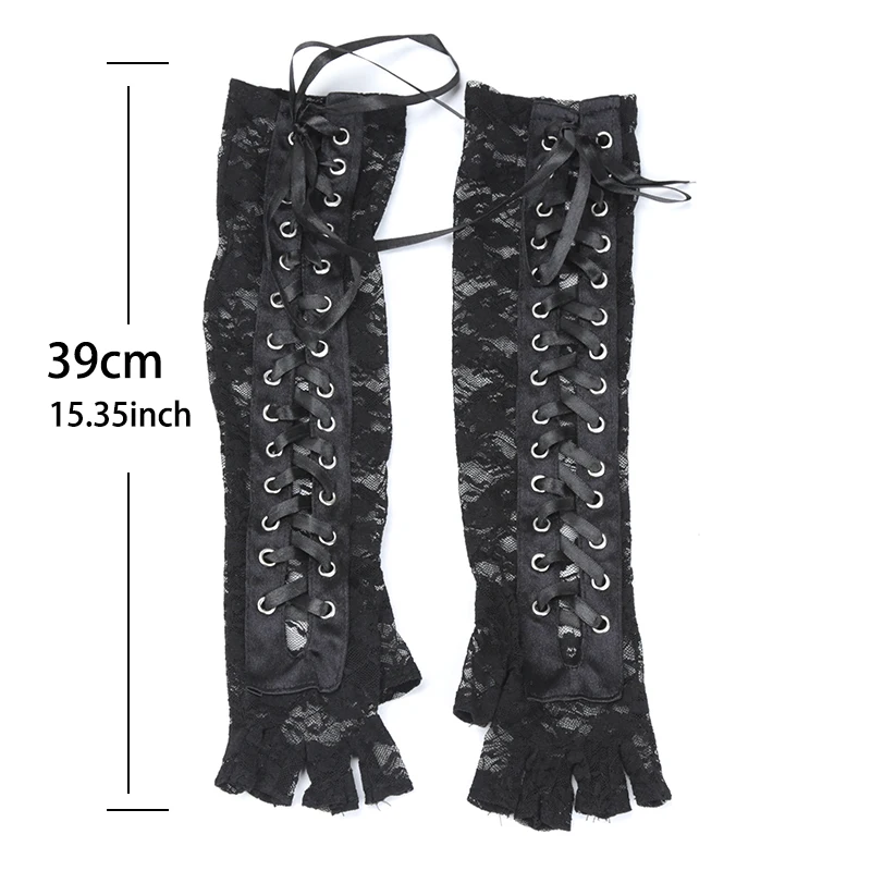 Women Sexy Floral Lace Gothic Fingerless Gloves Long Lack String Ribbon Ties Up Dance Party Black Breathable Y2k Cosplay Gloves
