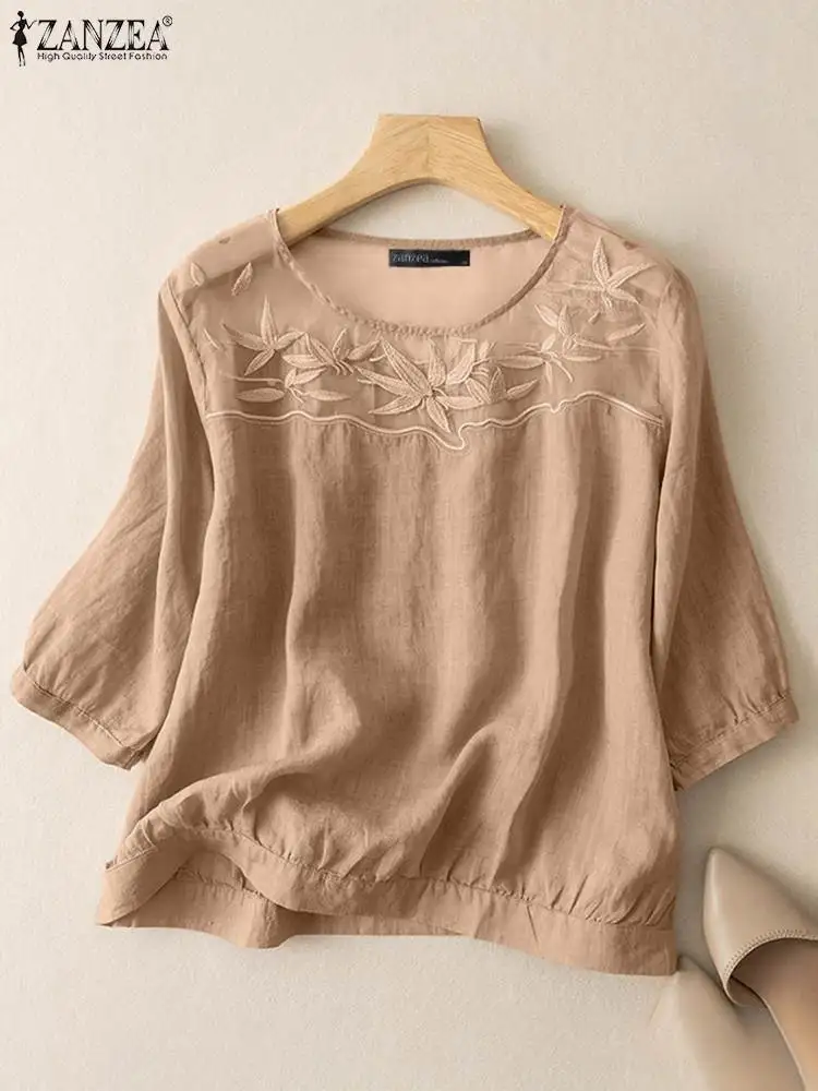 ZANZEA Fashion Floral Embroidery Blouse Woman 3/4 Sleeve O Neck Tunic Tops Casual Street Blusas Mujer Elegant Loose Shirt 2023