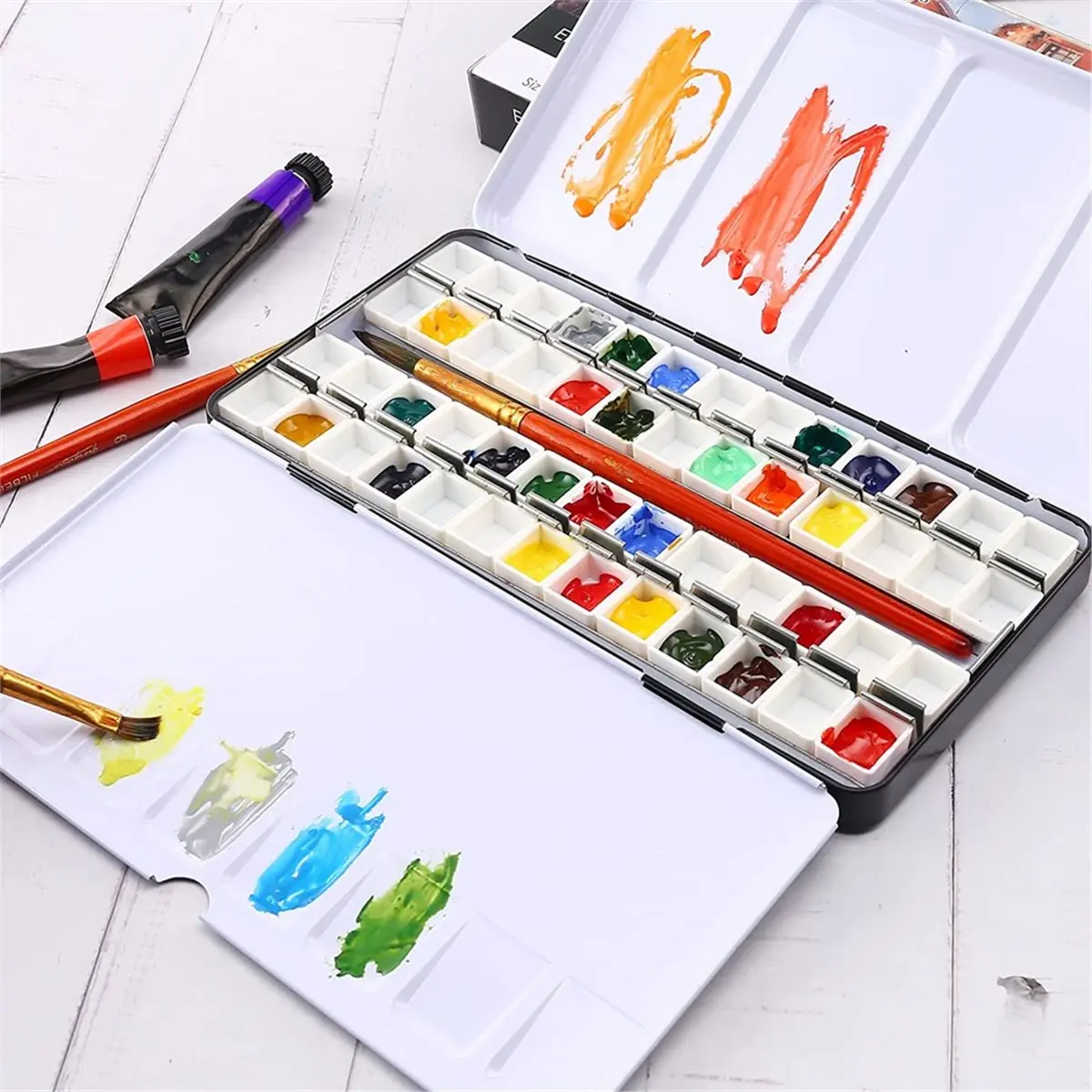 AT16 Art Watercolor Tin with Fold-Out Palette, Large Watercolor Tray Palette with 52 Empty Watercolor Half Pan for Artist